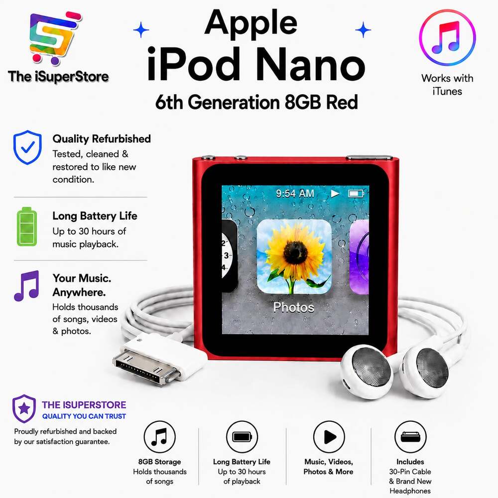 Refurbished Apple iPod Nano 6th Gen 8GB Red - New Battery- 1 YR warranty